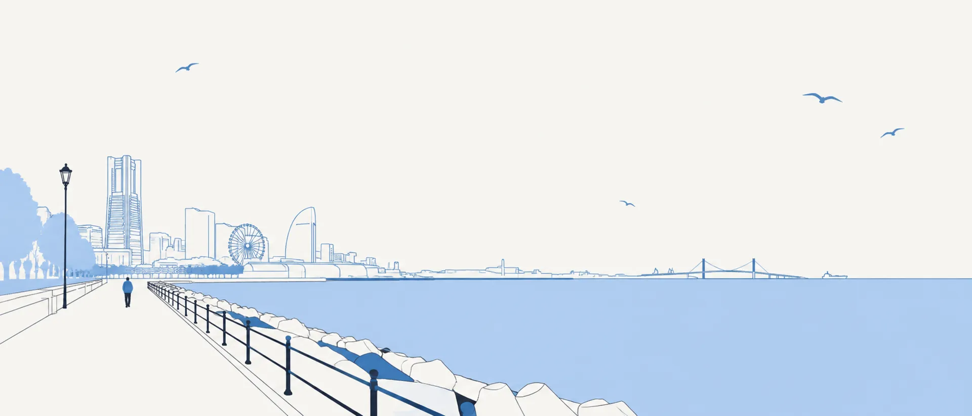 横浜の海辺の遊歩道と、遠くにみなとみらいの景色（線画イラスト）