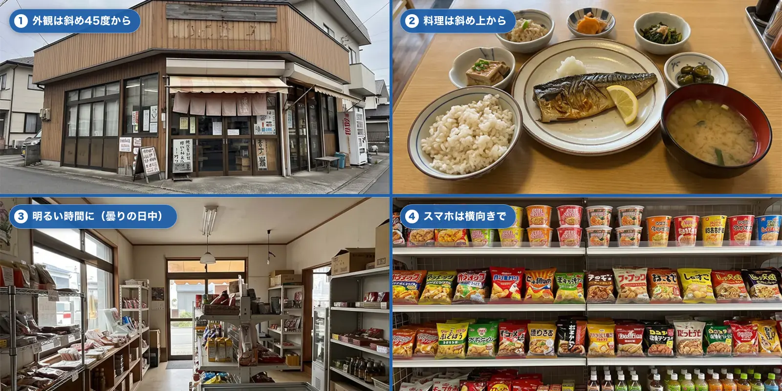 写真の撮り方の作例。外観は斜め45度・料理は斜め上・明るい時間・スマホは横向き