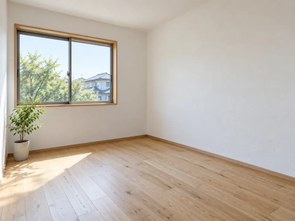 張り替えたあとの、明るい木の床と白い壁の洋室