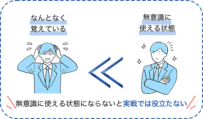 なんとなく覚える、無意識に使える状態、無意識に使える状態にならないと実践では役立たない